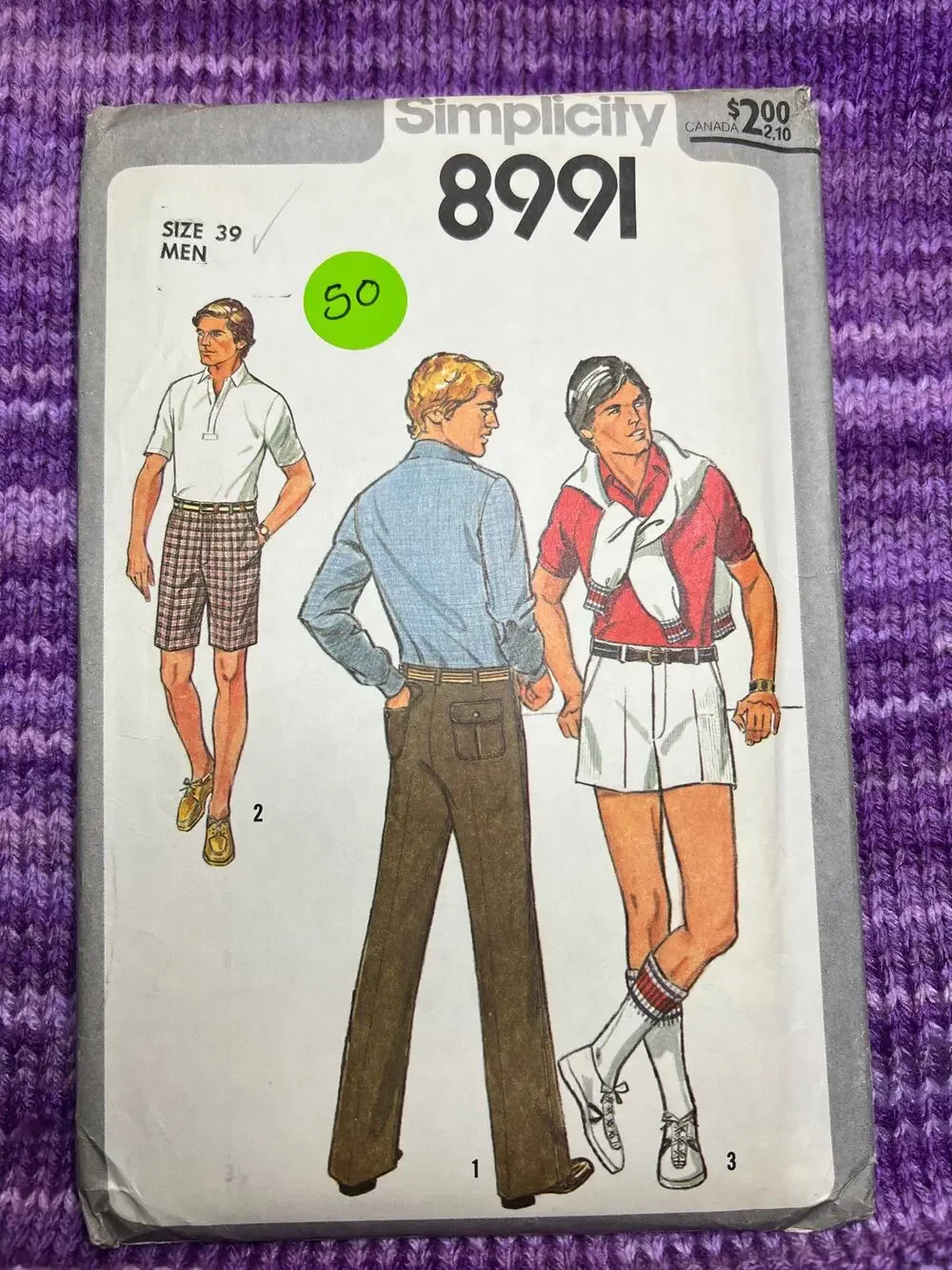 Simplicity 8991 sewing pattern Mesn pants shorts 1970s size 39